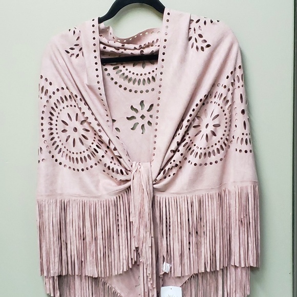 Shawl Wrap Solid Pink Colour OS Fringe Faux Suede Poncho - Picture 1 of 7
